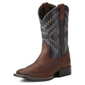 Brown and blue cowboy boot with a geometric pattern on a white background