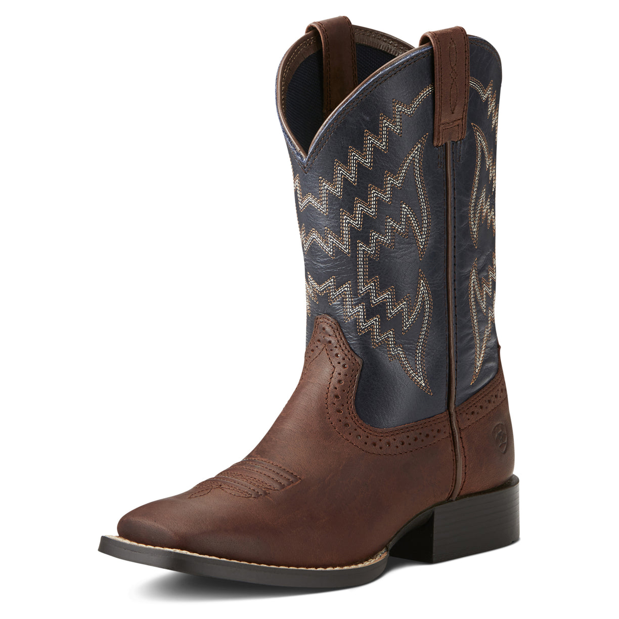 Brown and blue cowboy boot with a geometric pattern on a white background