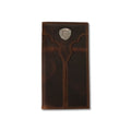 Distressed brown leather rodeo wallet with contrast stitching and a silver shield concho