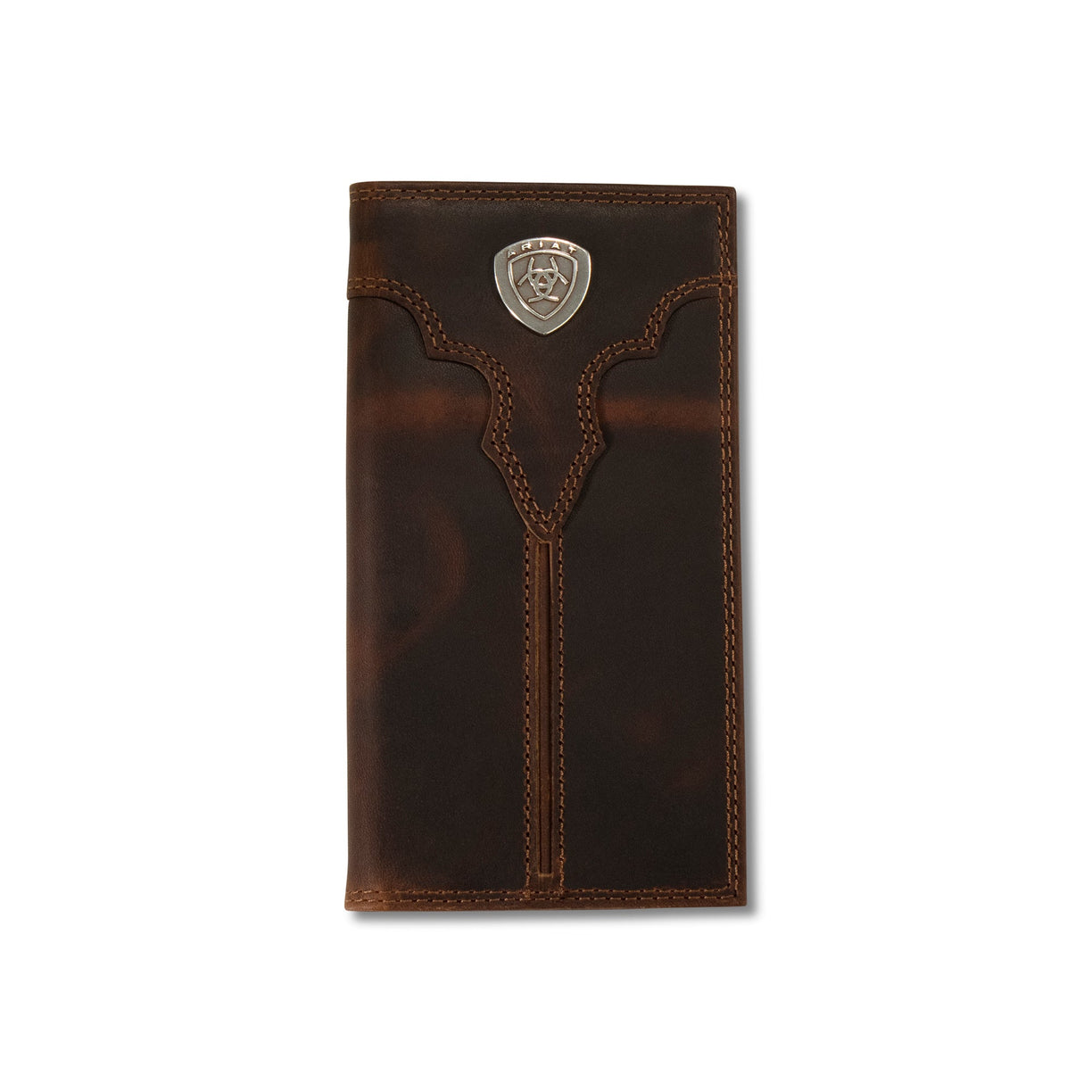 Distressed brown leather rodeo wallet with contrast stitching and a silver shield concho