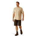 Man wearing a beige t-shirt with 'Ariat Work Est. 1993' print on the back, on a white background