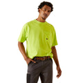 Person wearing a bright yellow t-shirt with a skull and hard hat graphic on the back.