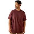 Man wearing a maroon t-shirt with a skull and hard hat graphic on the back, on a white background.