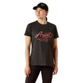 Person wearing a black t-shirt with 'Ariat' logo and text on a white background