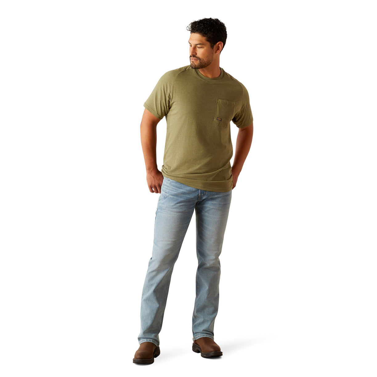 Man wearing a green t-shirt with a graphic design on the back, standing against a white background