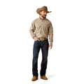 Man wearing a brown checkered shirt, blue jeans, and a cowboy hat on a white background