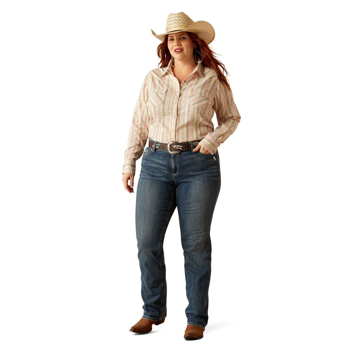 Woman wearing a patterned shirt, jeans, and a cowboy hat on a white background