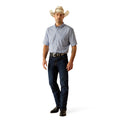 Man wearing a checkered shirt, jeans, and a cowboy hat on a white background