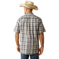Man wearing a plaid shirt, jeans, and a cowboy hat on a white background
