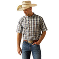 Man wearing a plaid shirt, jeans, and a cowboy hat on a white background