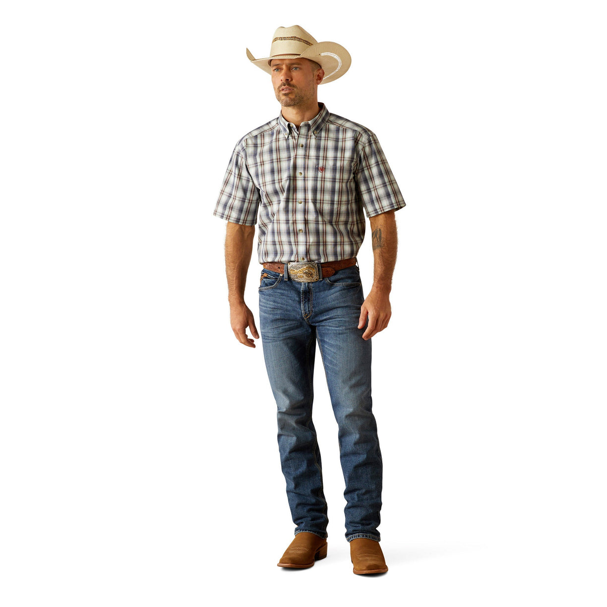 Man wearing a plaid shirt, jeans, and a cowboy hat on a white background