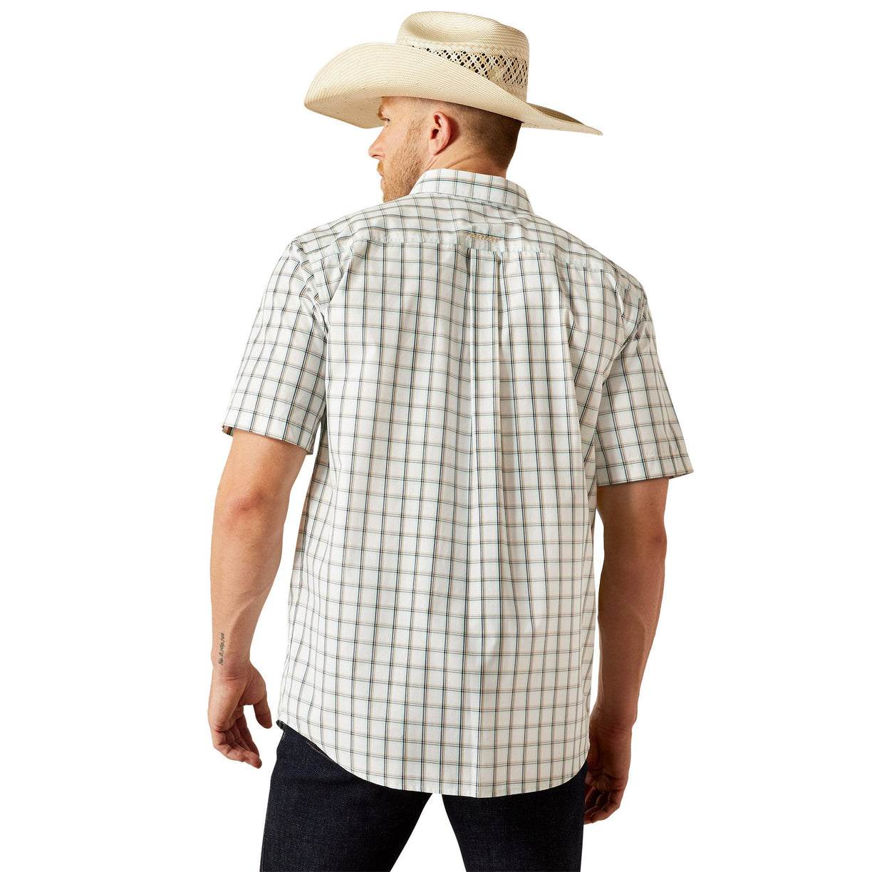Man wearing a plaid shirt, cowboy hat, and jeans on a white background