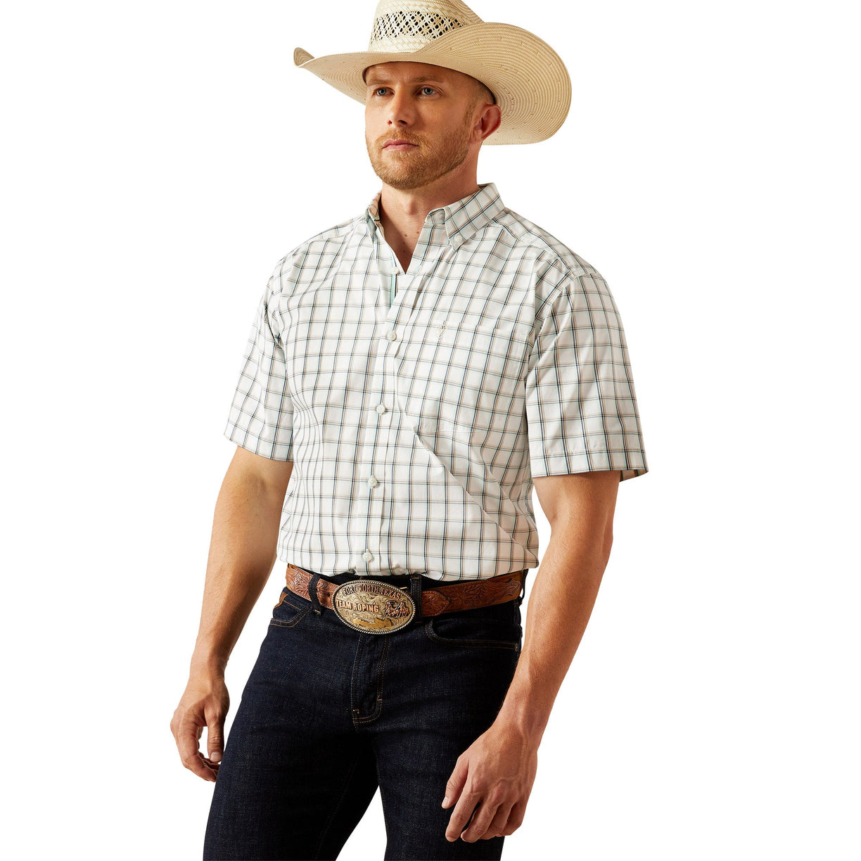 Man wearing a plaid shirt, cowboy hat, and jeans on a white background