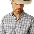 Man wearing a plaid shirt, jeans, and a cowboy hat on a white background