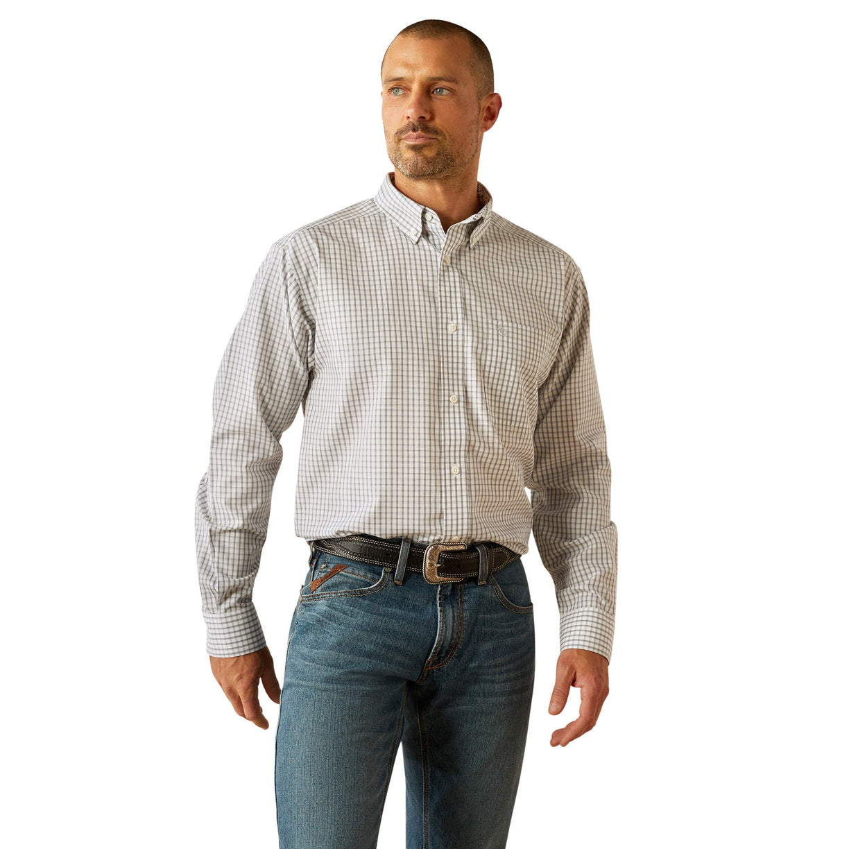 Man wearing a checkered shirt and jeans on a white background