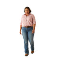 Person wearing a pink plaid shirt on a white background