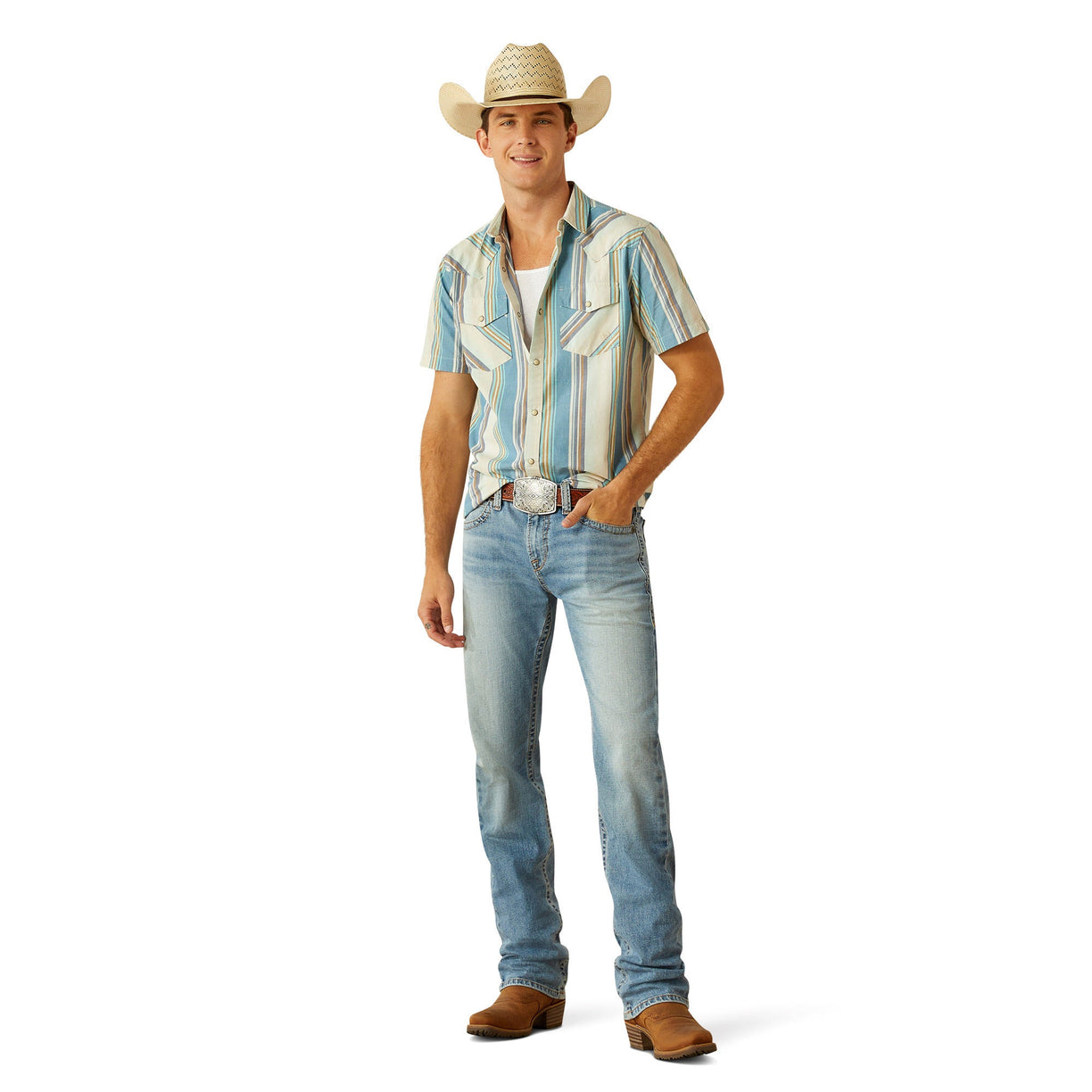 Man wearing a striped shirt, jeans, and a cowboy hat on a white background