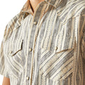 Close-up of a patterned shirt with vertical stripes and button details.