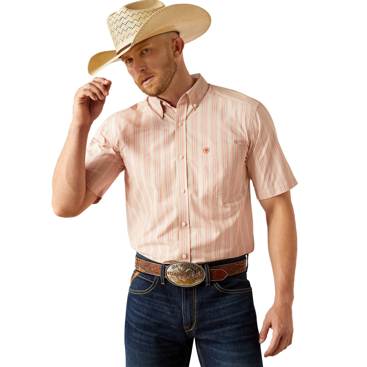 Man wearing a pink striped shirt, blue jeans, and a cowboy hat on a white background