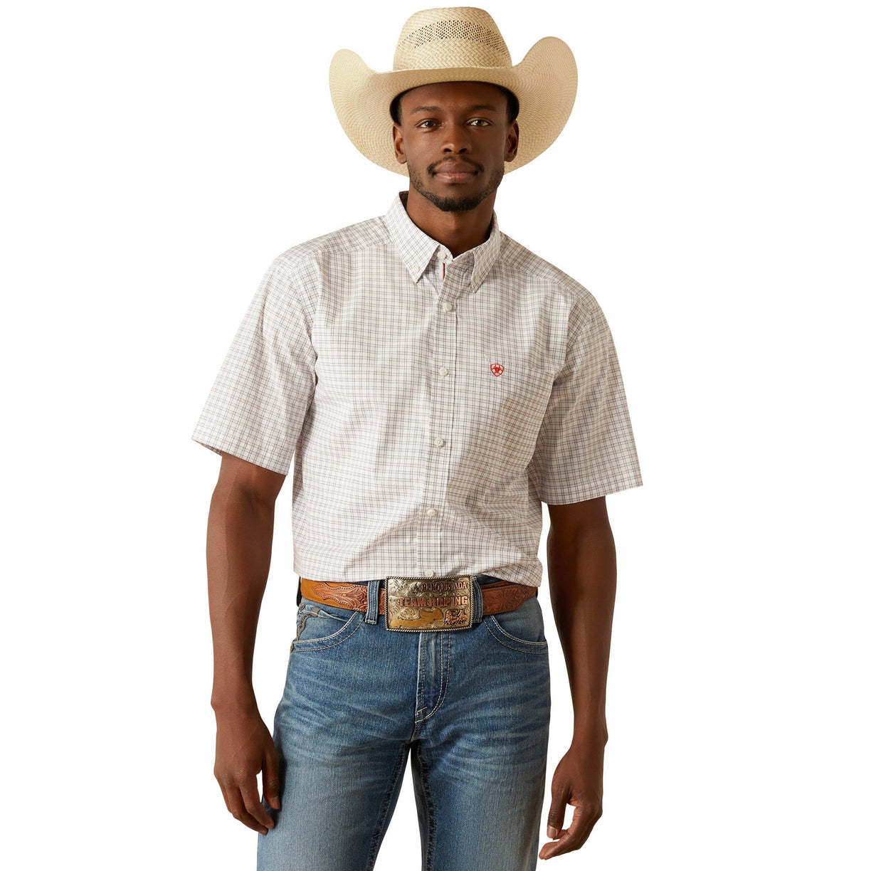 Man wearing a checkered shirt, jeans, and a cowboy hat on a white background