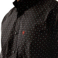 Black patterned shirt with a brand logo on a white background
