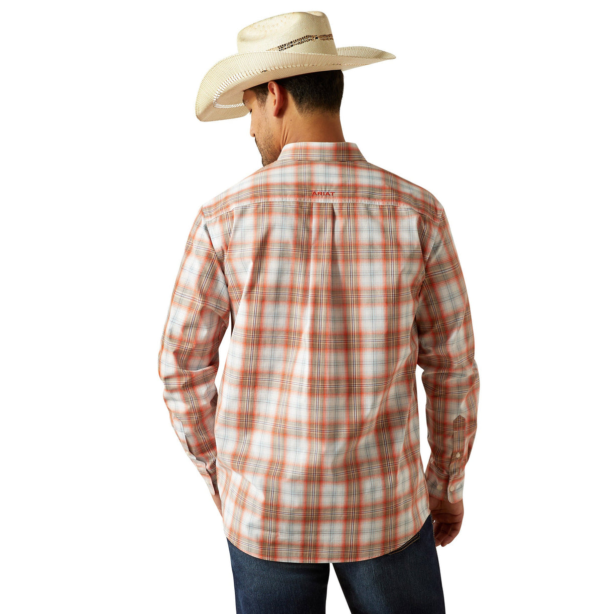 Person wearing a plaid shirt and cowboy hat on a white background