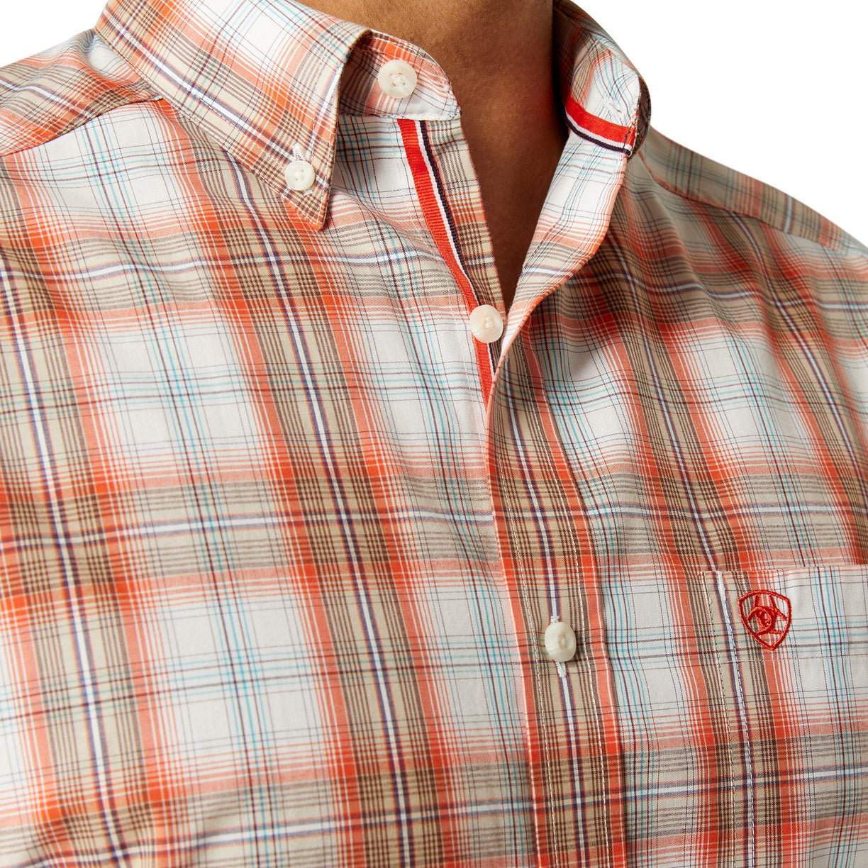 Plaid shirt with red and white accents on a white background