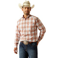 Man wearing a plaid shirt, jeans, and a cowboy hat on a white background