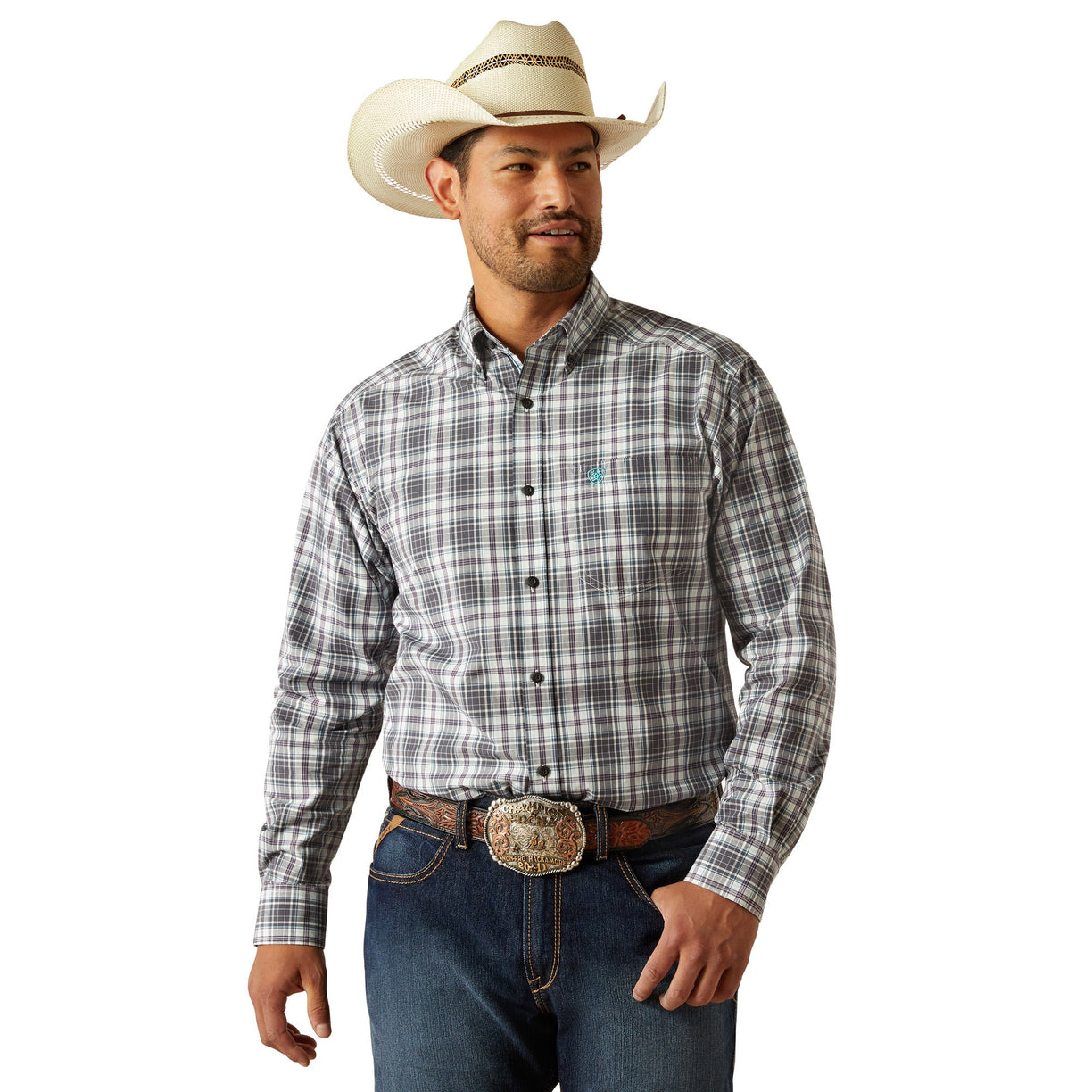 Man wearing a plaid shirt, jeans, and a cowboy hat on a white background