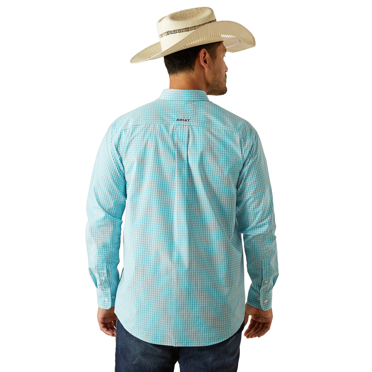Man wearing a light blue checkered shirt and cowboy hat on a white background