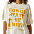 White t-shirt with yellow text 'HOWDY STATE OF MIND' on a white background