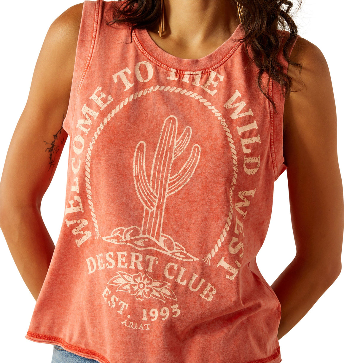 Red tank top with 'Welcome to the Wild West Desert Club' text and cactus graphic on a white background