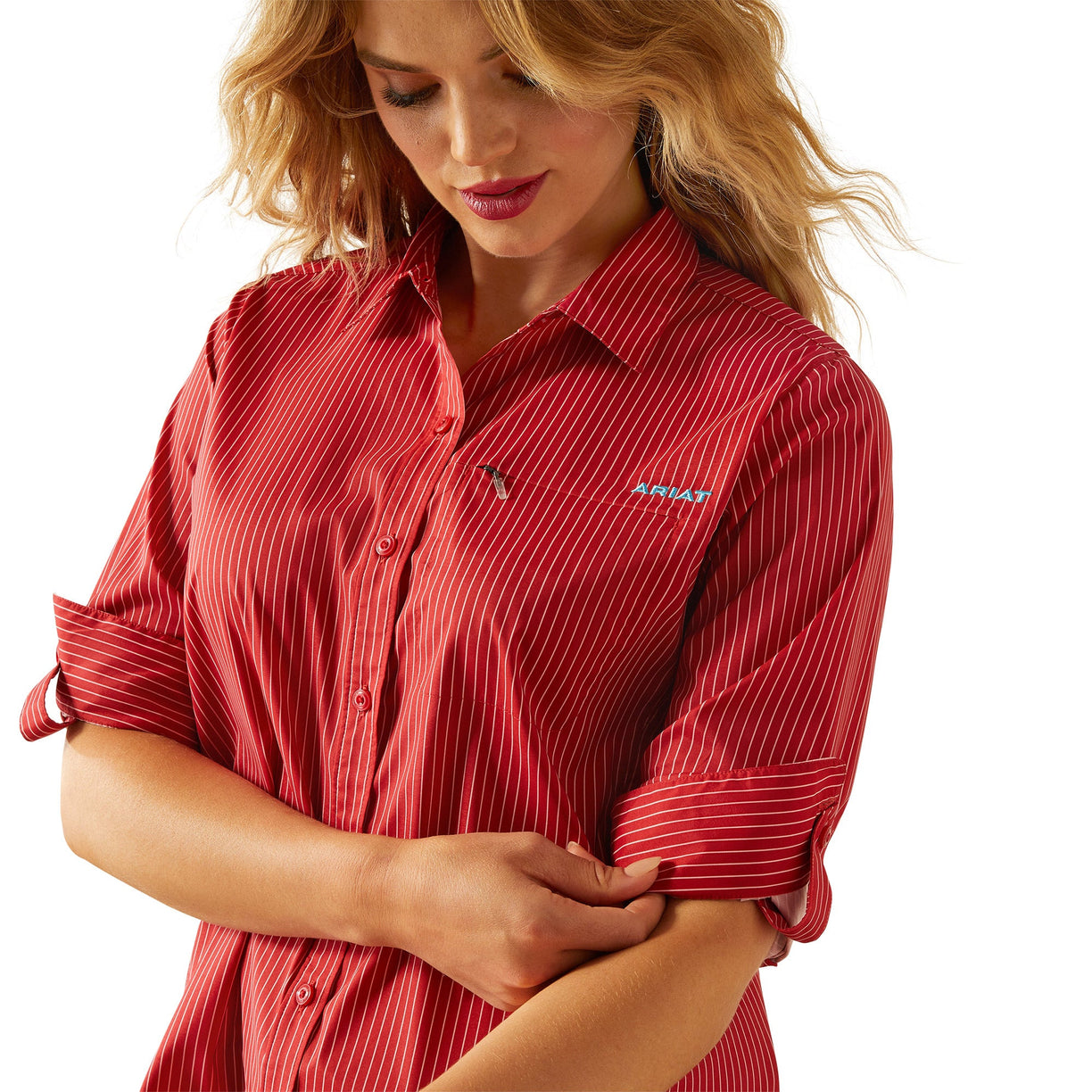 Woman wearing a red striped shirt with a brand logo on a white background