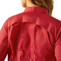 Red striped shirt worn by a person on a white background