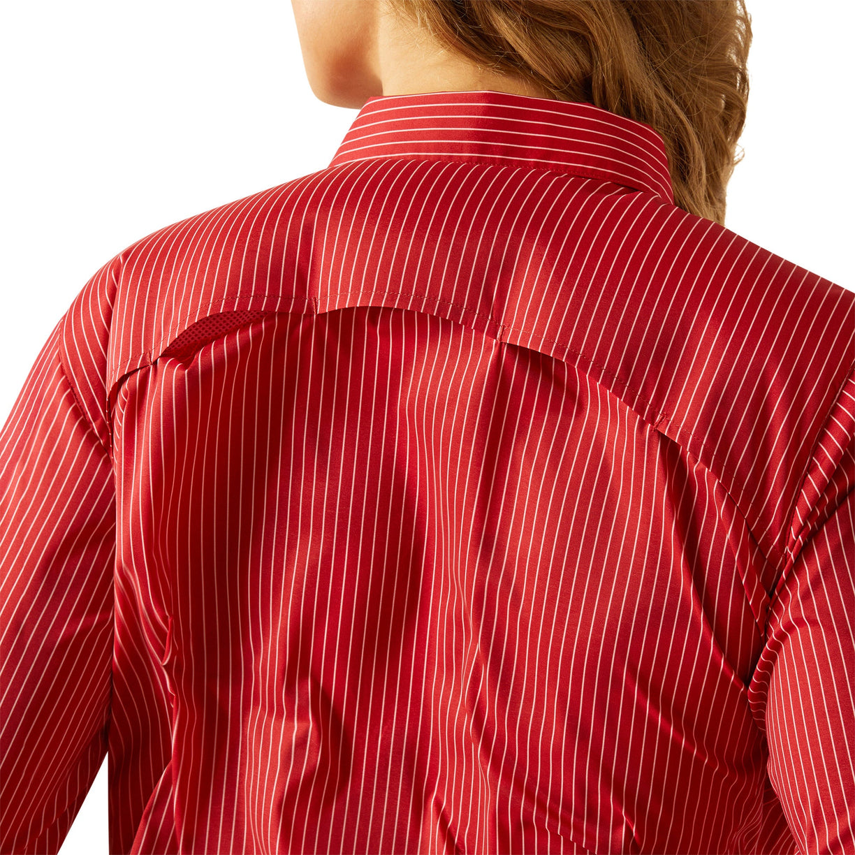 Red striped shirt worn by a person on a white background