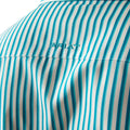 Close-up of a teal and white striped shirt with 'Ariat' branding.