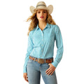 Woman wearing a blue and white striped shirt, jeans, and a cowboy hat on a white background