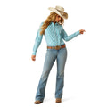 Woman wearing a blue striped shirt, jeans, and a cowboy hat on a white background