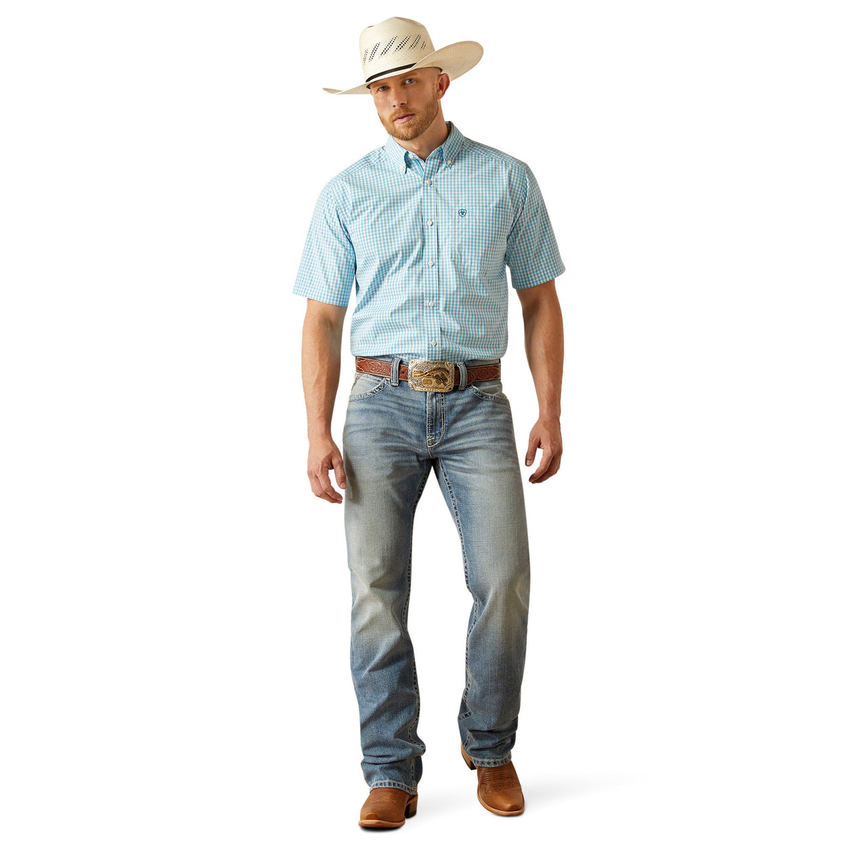 Man wearing a light blue checkered shirt, jeans, and a cowboy hat on a white background