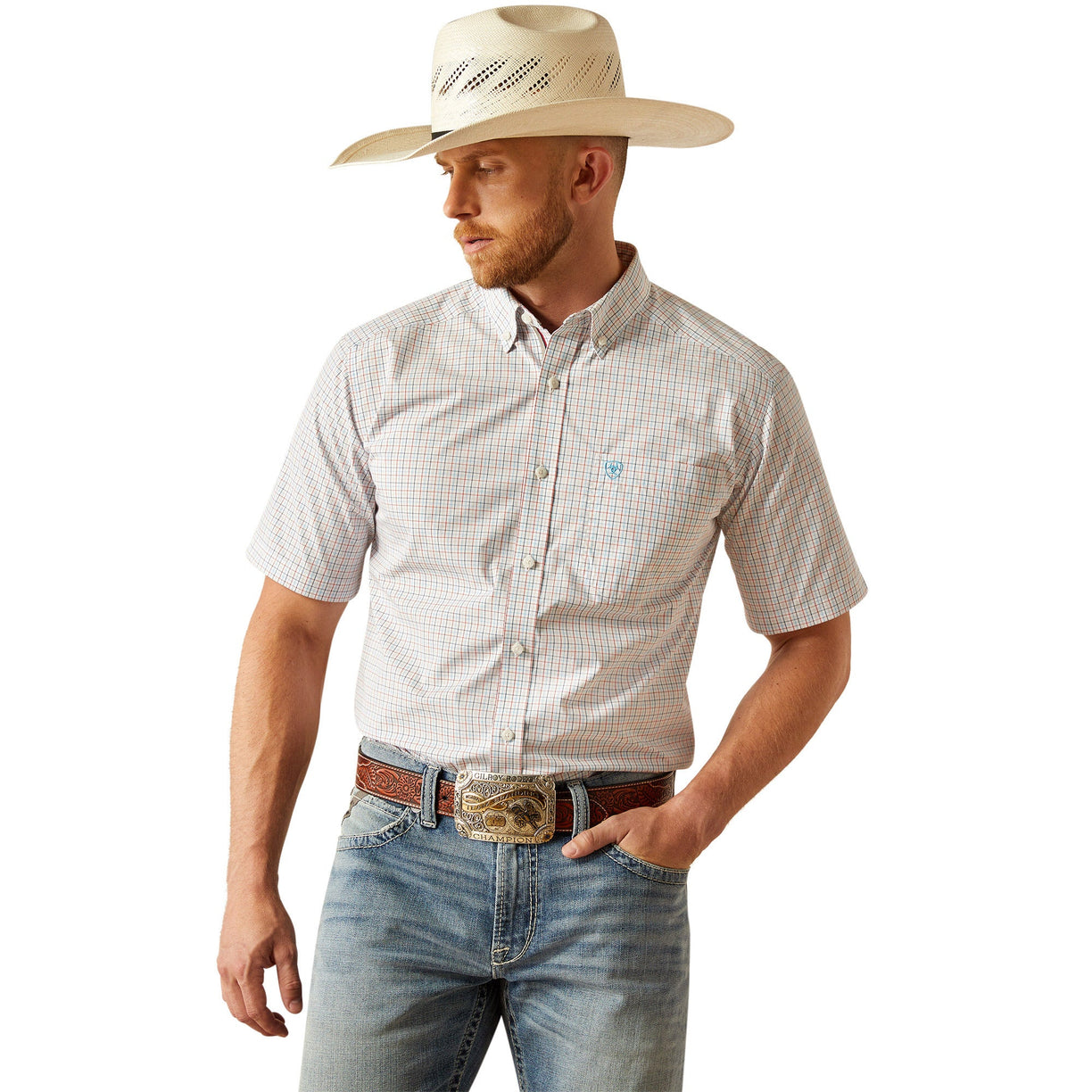 Man wearing a checkered shirt, jeans, and a cowboy hat on a white background