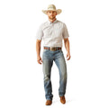 Man wearing a white shirt, blue jeans, brown boots, and a cowboy hat on a white background