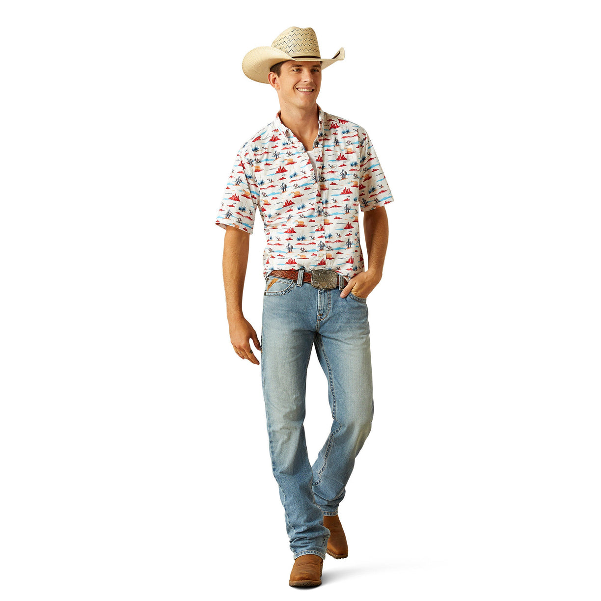 Man wearing a patterned shirt, jeans, and a cowboy hat on a white background