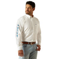 Man wearing a white Ariat shirt on a white background