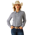 Woman wearing a striped shirt, jeans, and a cowboy hat on a white background