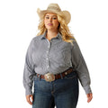 Woman wearing a gray striped shirt, blue jeans, and a cowboy hat on a white background