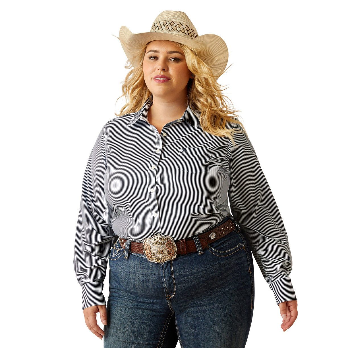 Woman wearing a gray striped shirt, blue jeans, and a cowboy hat on a white background