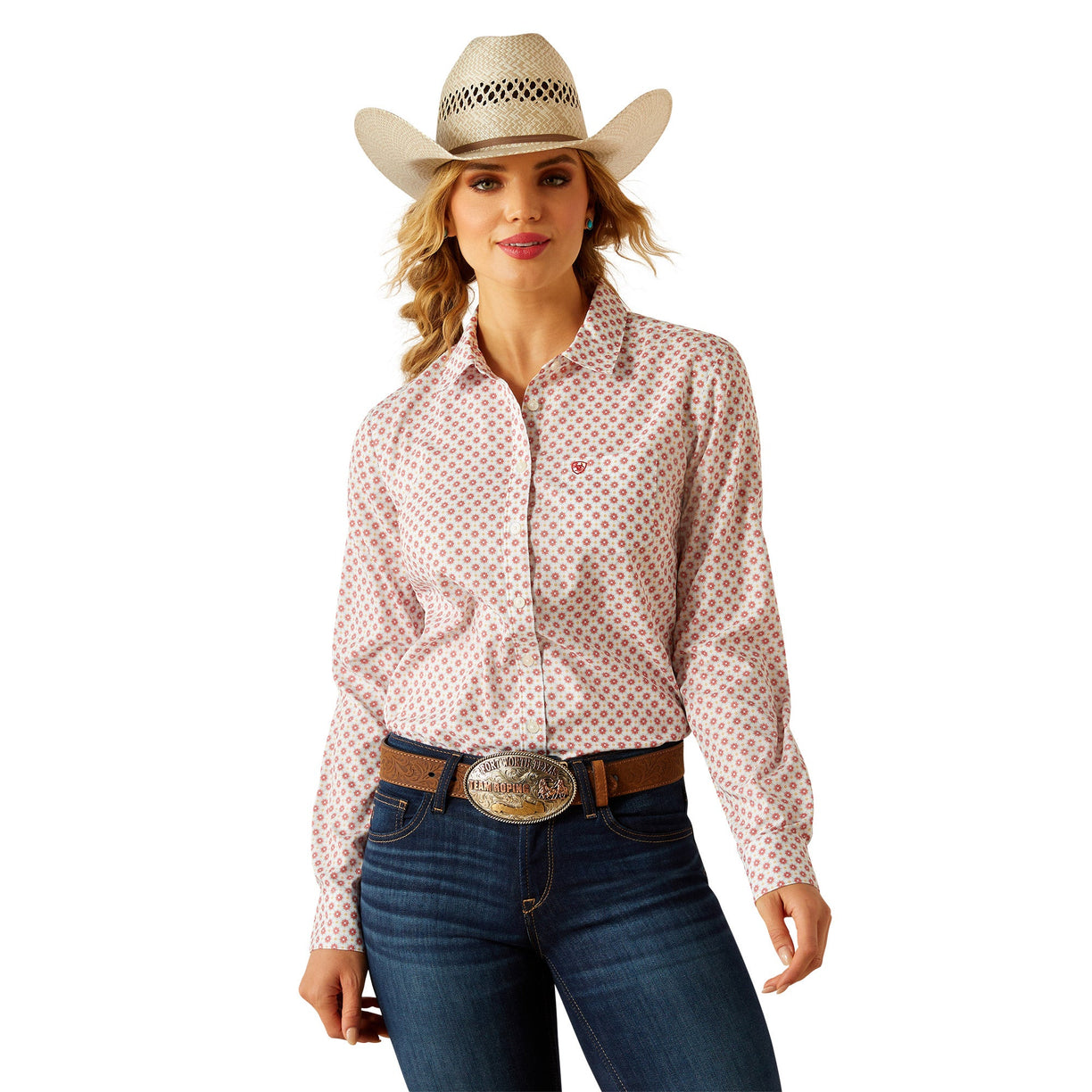 Woman wearing a patterned shirt, jeans, and a cowboy hat on a white background