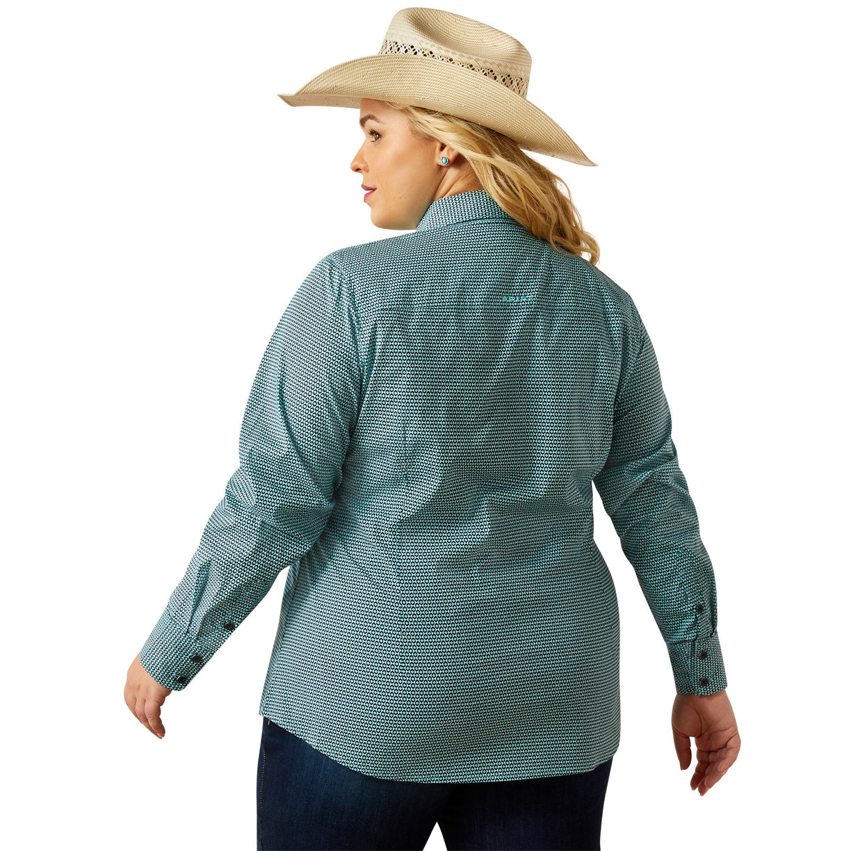 Woman wearing a teal patterned shirt and cowboy hat on a white background