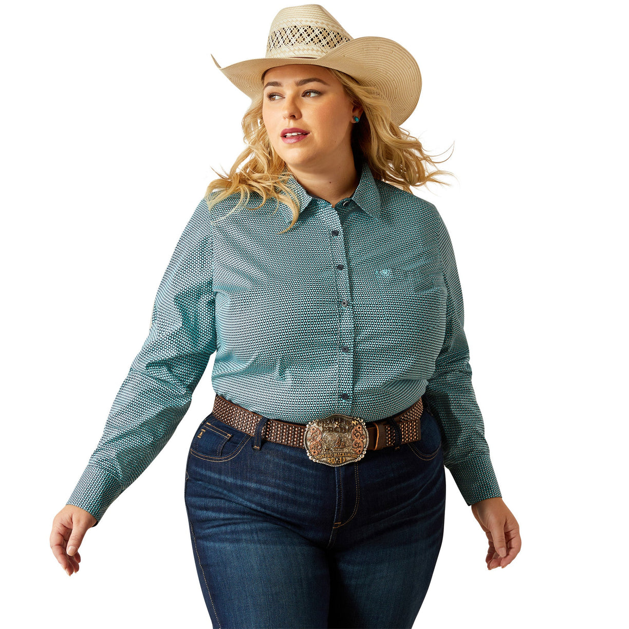 Woman wearing a teal patterned shirt, blue jeans, and a beige cowboy hat on a white background
