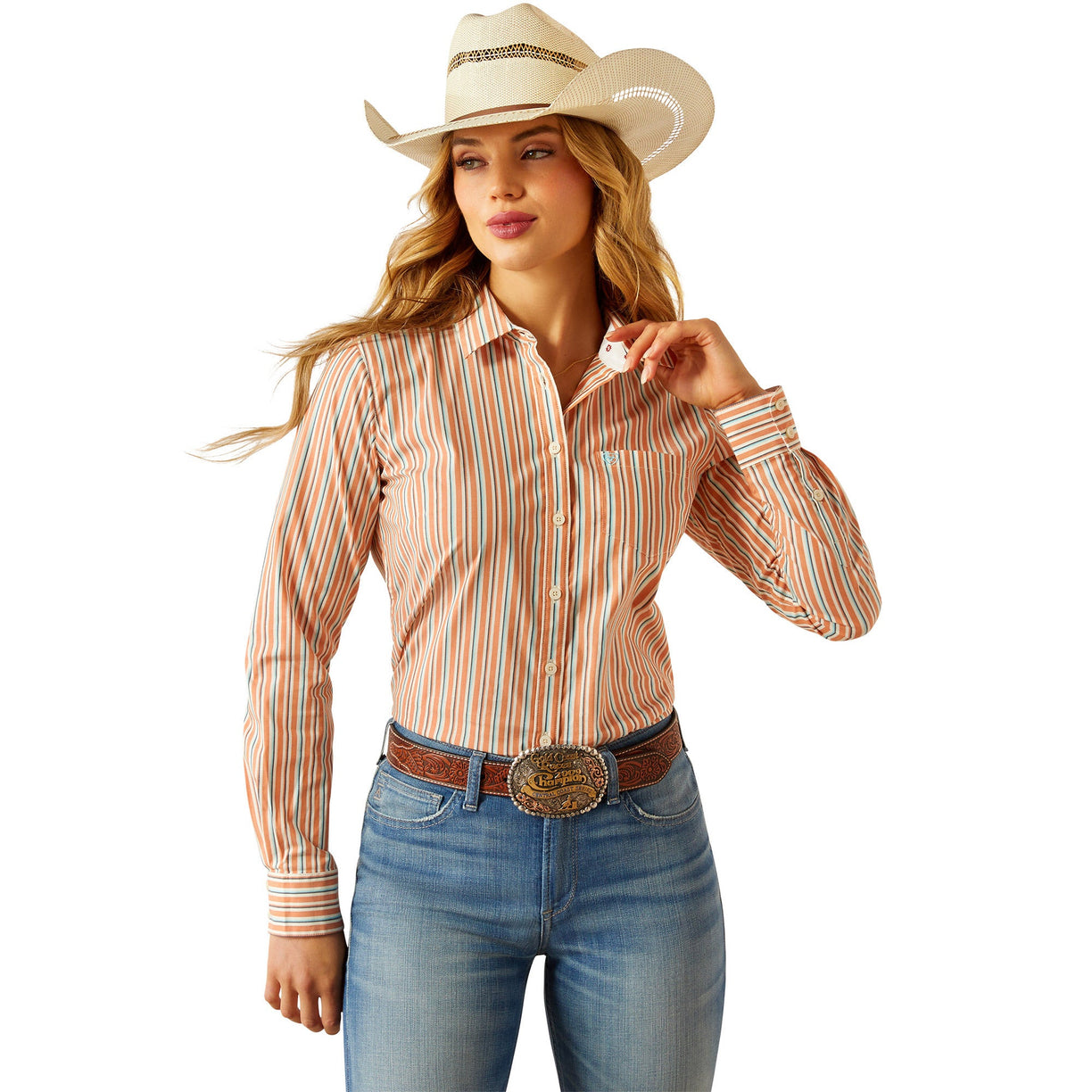 Woman wearing a striped shirt, jeans, and a cowboy hat on a white background
